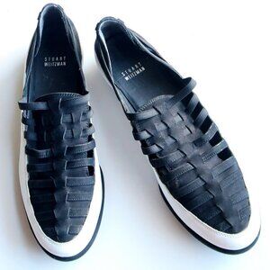 Stuart Weitzman Black & White Leather & Suede Woven Sneakers Loafers Flat Shoes